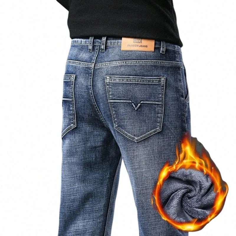 retro zima nowe polarowe szczupłe dżinsy Fi ciepłe proste pluszowe pluszowe grube męskie marki dżinsowe spodnie F02Q#