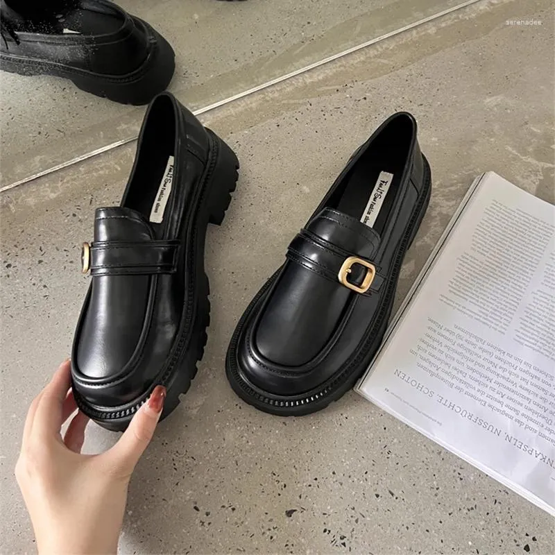 Dress Shoes Spring Females British Style Thick-soled College Casual Loafers Black Genuine Leather Fashion Girls WHSLE MTO