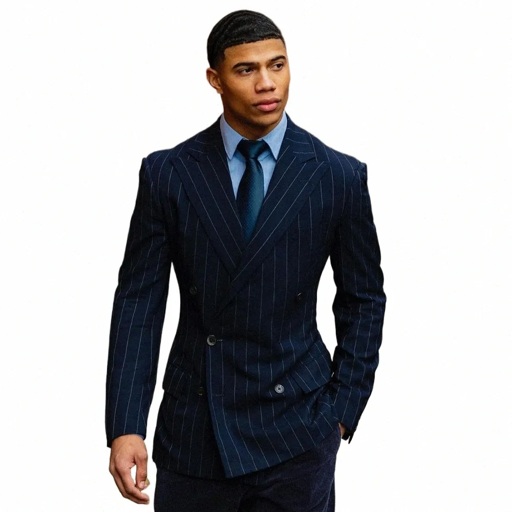 Costumes rayés bleu marine pour hommes à double boutonnage formel Busin Blazer mariage marié smoking 2 pièces veste pantalon Terno Masculino R6yk #