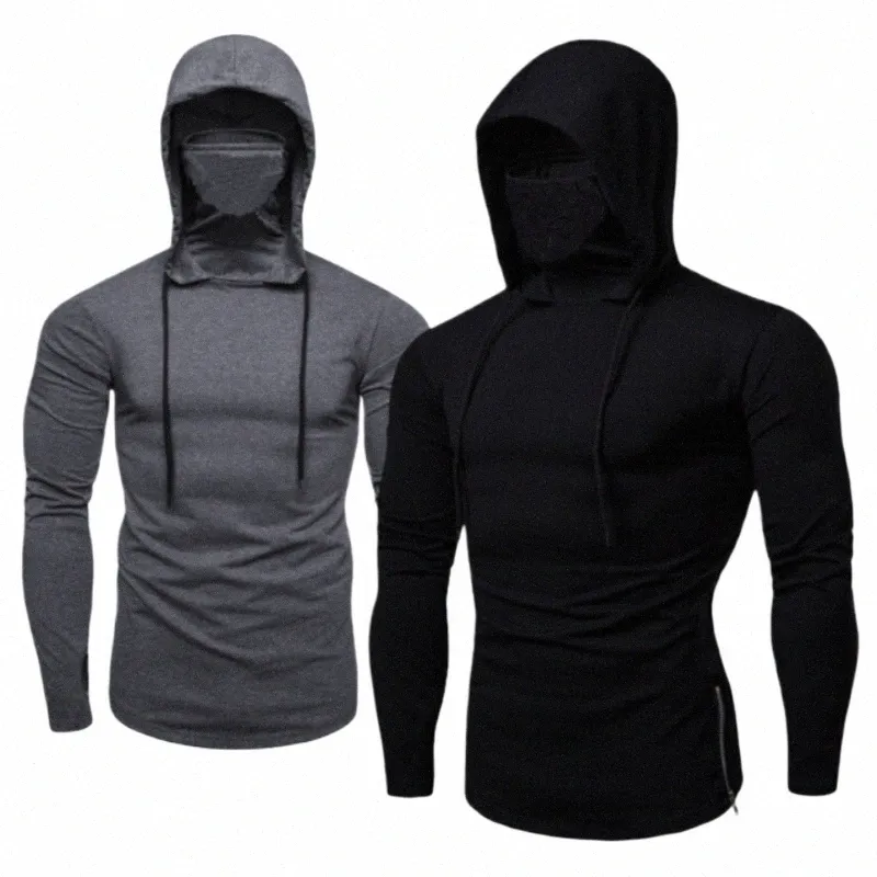 men's Hooded Lg Sleeve T-shirt: Stylish Athletic Fitn Top for an European-American Look T9As#