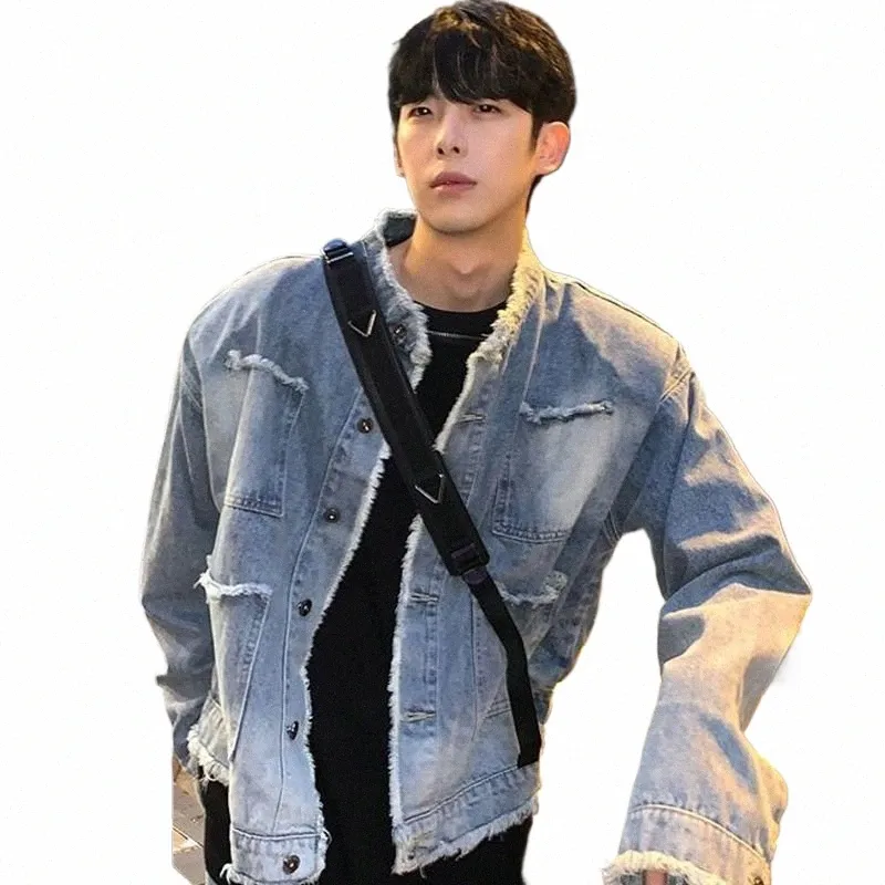 men's Denim Jacket Street Pad Shoulder Stand Collar Water Wing Cowboy Jackets Lg Sleeves Single-breasted Pockets Tops y73r#