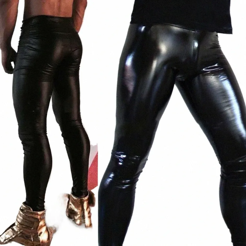 Herren PU-Lederhose Legging Wet Look Skinny Pouch Hose Clubwear Bühnenshow Kostüm Stretchy Latex Glossy Tight Lg Pants X2bG #