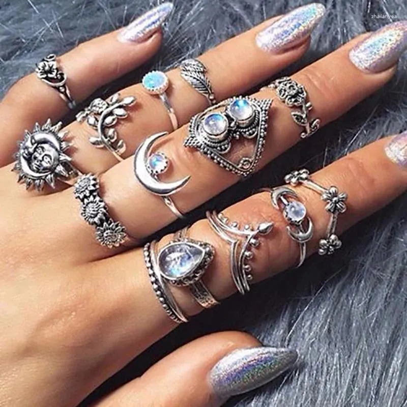 Cluster-Ringe 14 teile / satz Vintage Antik Silber Farbe Mond Krone Blume Brief Finger Midi Knuckle Set für Frauen Boho Schmuck