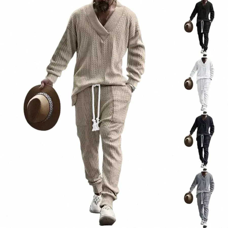 2024 Men's Knitted Suit Sets Lg Sleeve V-neck Shirts and Drawstring Pants Sets Pockets Tracksuit Men's Solid Knitted 2PCS Sets W2ZI#