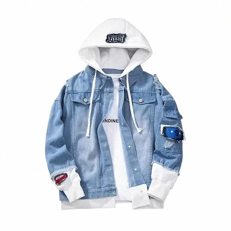 denimjacka mens huva smal fit casual streetwear jean jackets lg hylsa trendig ytterkläder höst vinter jacka kappa för män 42Js#