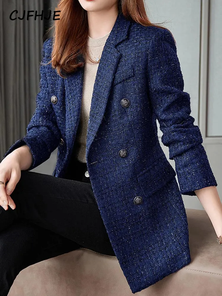 CJFHJE bleu marine hiver Tweed Blazers manteau femmes épais chaud à manches longues bouton élégant dame veste double boutonnage pardessus 240318