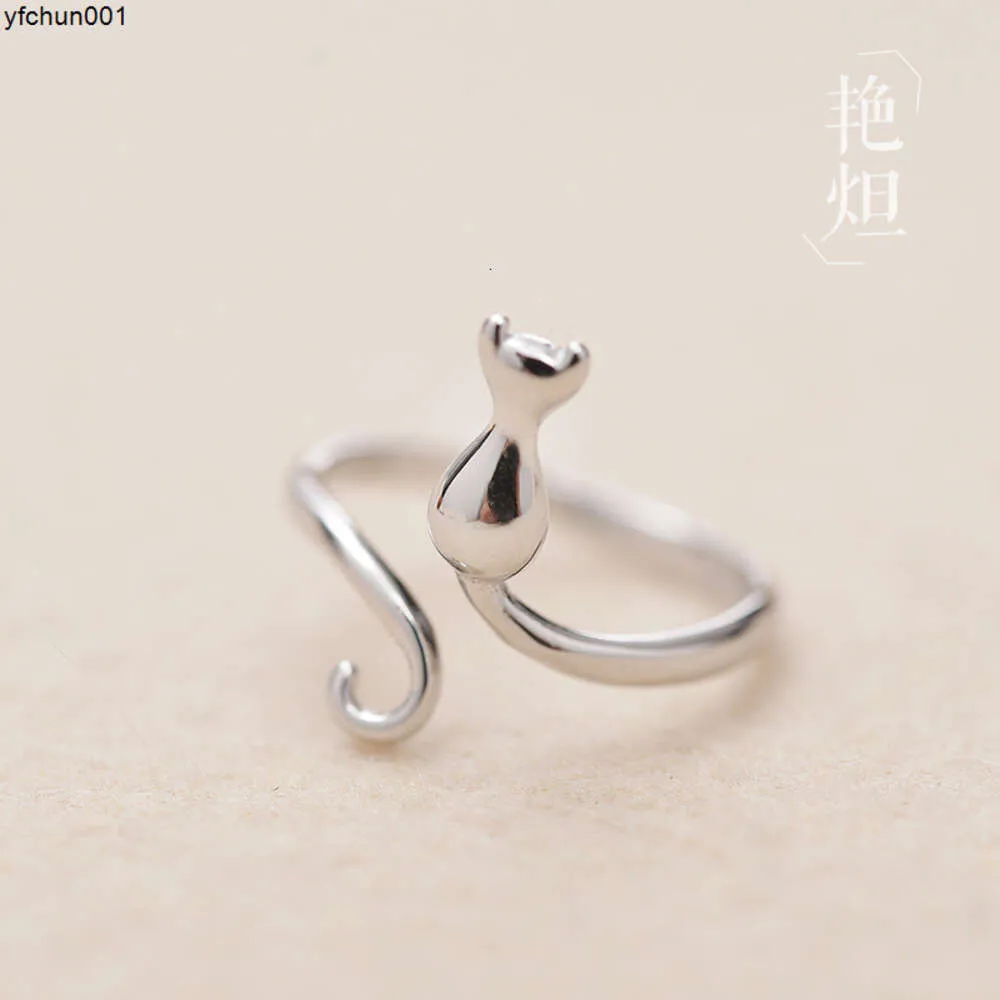 Japan and South Korea Sterling Silver Ring Female Super Cute Kitten Adjustable Fashion Personality Meow Star Human Index Finger Ring Jewelry Tail