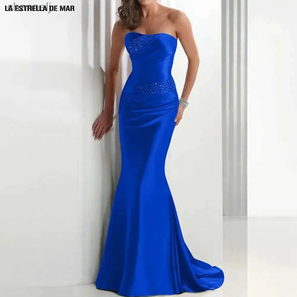 Vestidos sexy urbanos azul da dama de honra sereia cetim frisado sem alças elegantes vestidos femininos para festa de casamento noite robe baile MESMO vestido yq240327