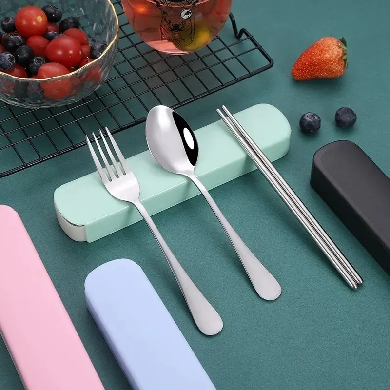 2024 Portable Stainless Steel Cutlery Suit With Storage Box Chopstick Fork Spoon Knife Travel Tableware Set Camping Cutlery