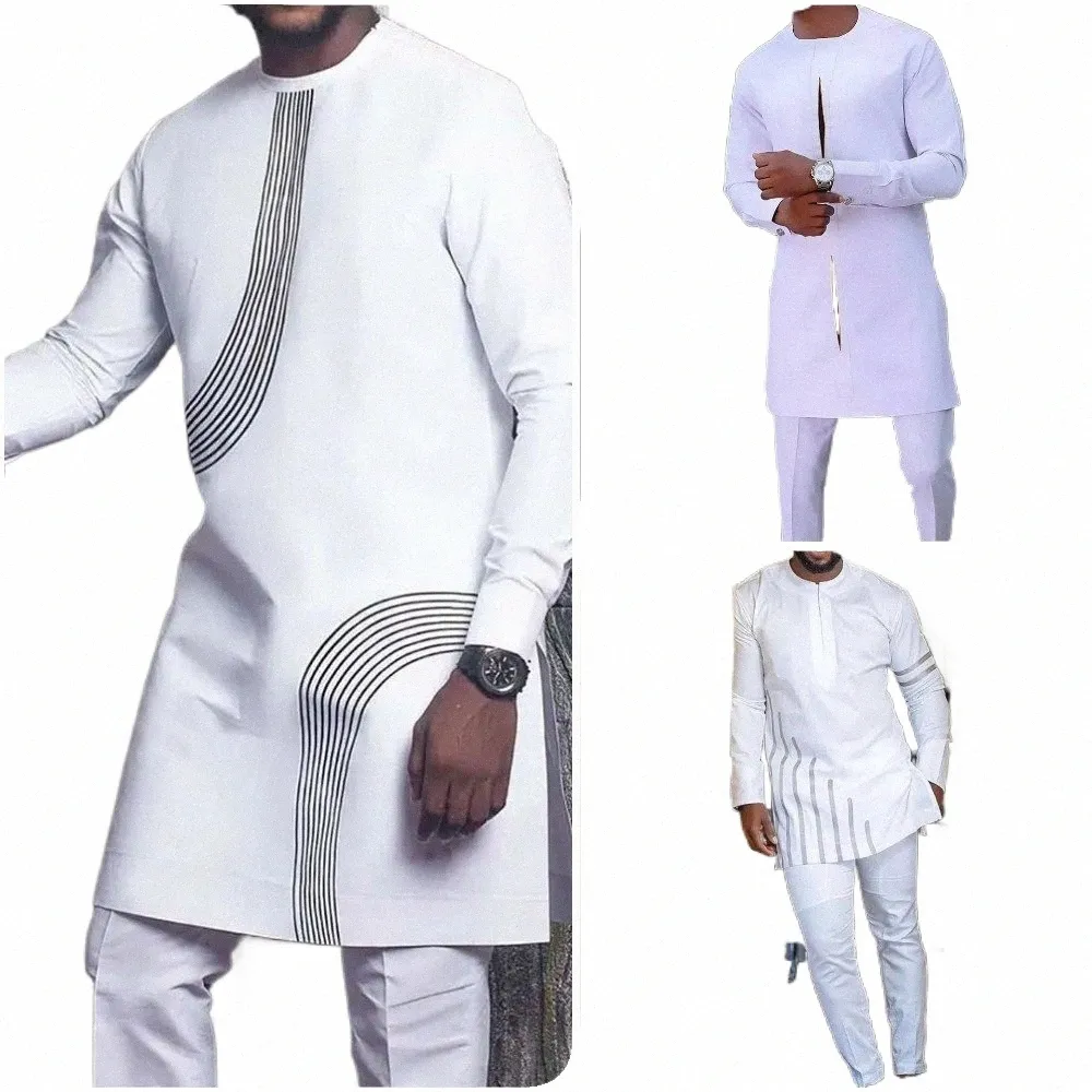 Novo em diki africano impresso branco étnico terno masculino 2 peça traditial festa de casamento roupas masculinas para homem d0e6 #