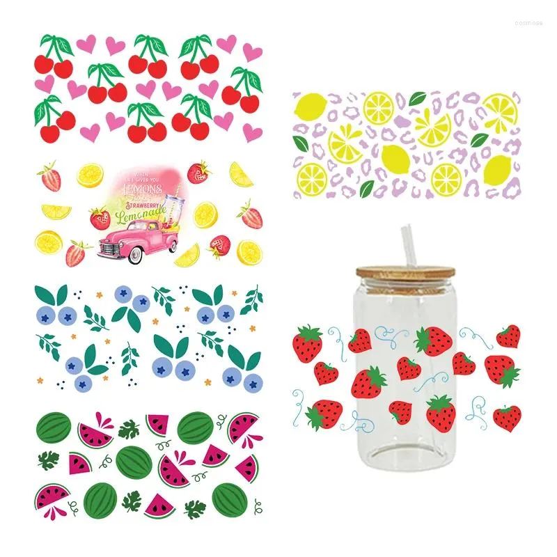 Raamstickers UV DTF Fruit Watermeloen Aardbei Kers Perzik Gedrukte sticker voor 16oz Libbey blikje glazen wraps flessen beker D9351