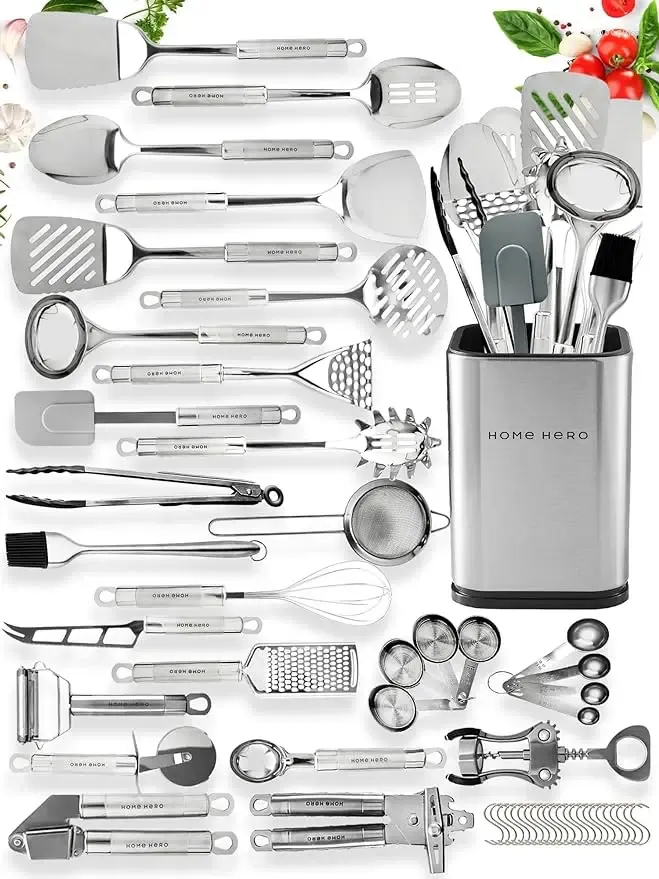 Juegos de utensilios de cocina Home Hero Juego de utensilios de cocina de acero inoxidable de 54 piezas - Cocina antiadherente resistente al calor E