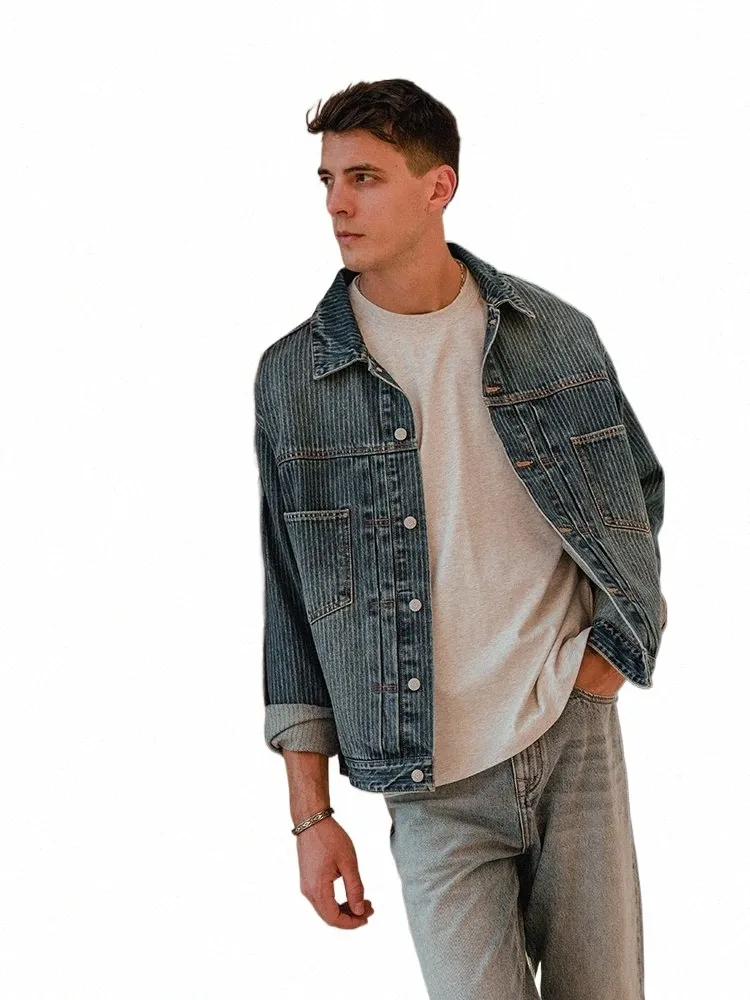 simwood 2024 Spring New Oversize Short Length Vertical Striped Denim Jackets Men Chore Coats Cargo 100% Cott Outwear 56JX#