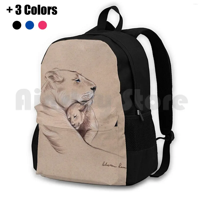 Backpack " A Mother'S Pride Lioness And Cub Original Pencil Drawing. Outdoor Hiking Waterproof Camping Travel Peace Animals