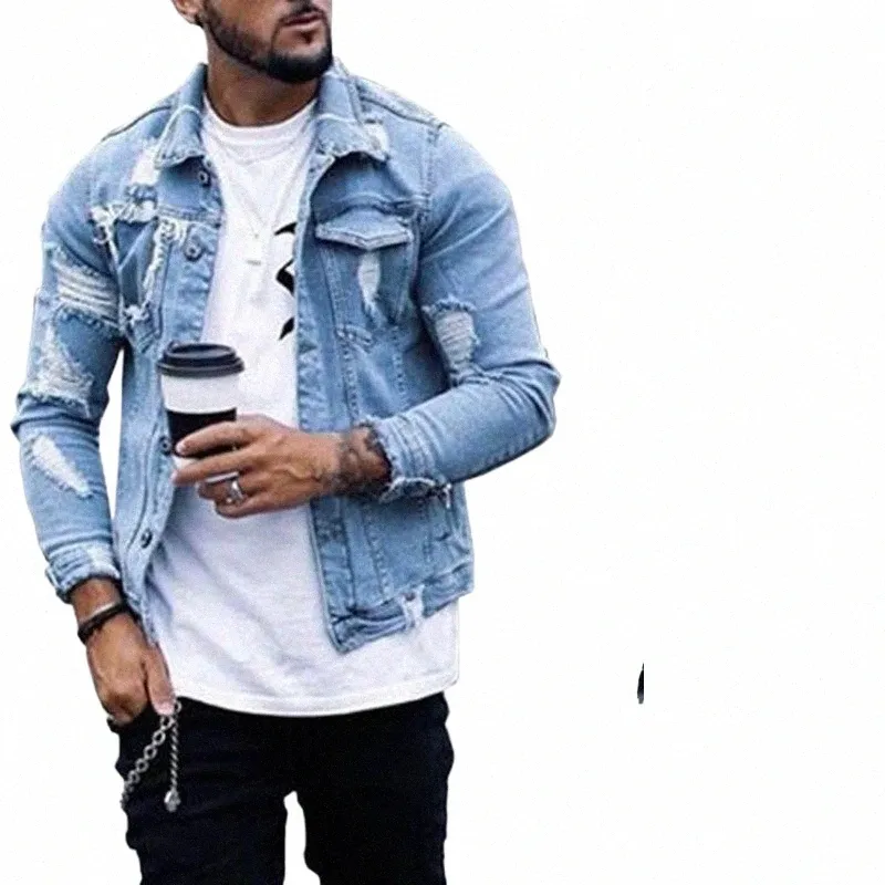 Autumn and Winter 2021 New Men's Jacket FI Casual Denim Jacket Men Blue Color Lapel Ripped Jean Jacket D65B#