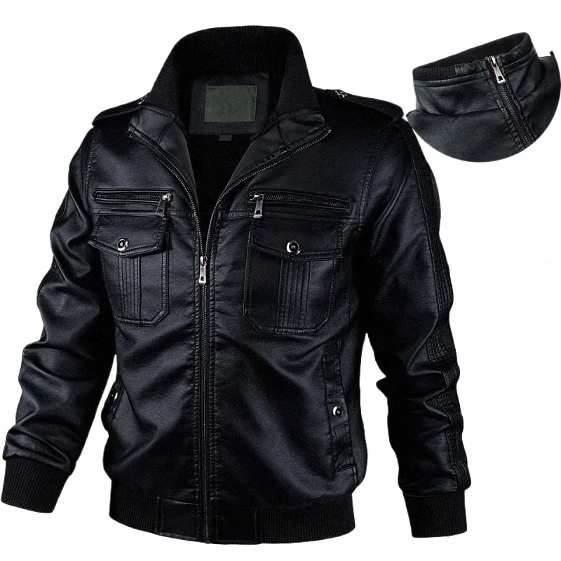 fi Zip Up Motorfiets Leren Jas Heren Windscherm Herfst Winter PU Leren Jas Man Leren Jassen voor Heren Bovenkleding Zwart 94bC #