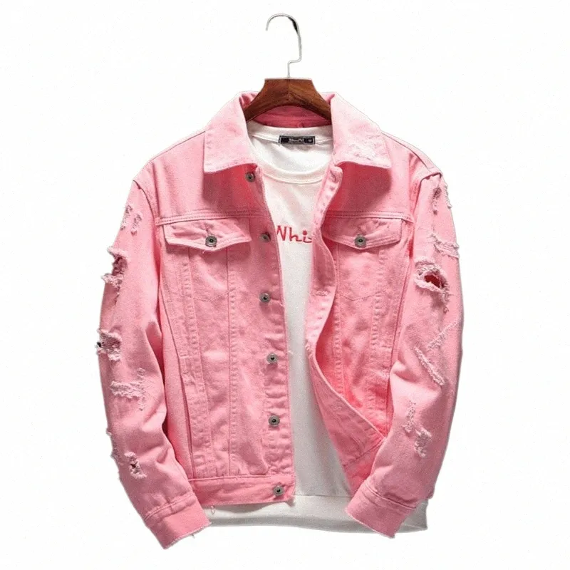 men Pink Denim Jackets Outerwear Jean Coats New Spring Autumn Men Holes Jackets Men Ripped Slim Denim Jackets u74R#