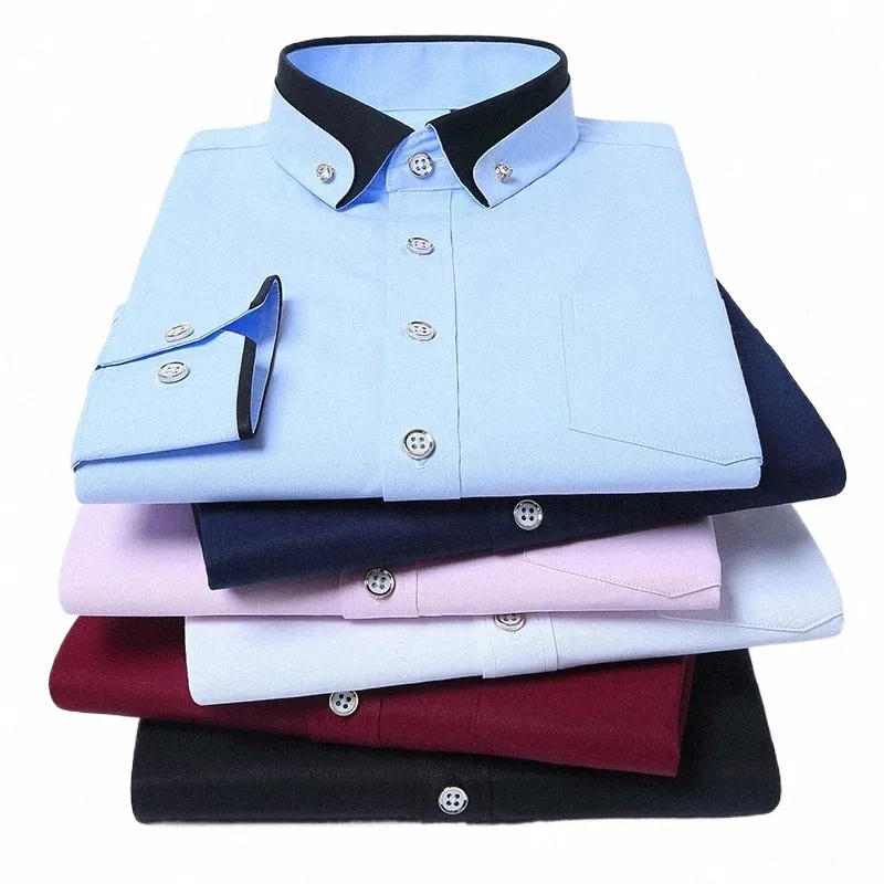 Herren Diamd Ctrast Turn-Down-Kragen Dr Shirts Single Patch Pocket Lg Sleeve Regular-Fit Wrinkle Free Smart Casual Shirt 09qu #