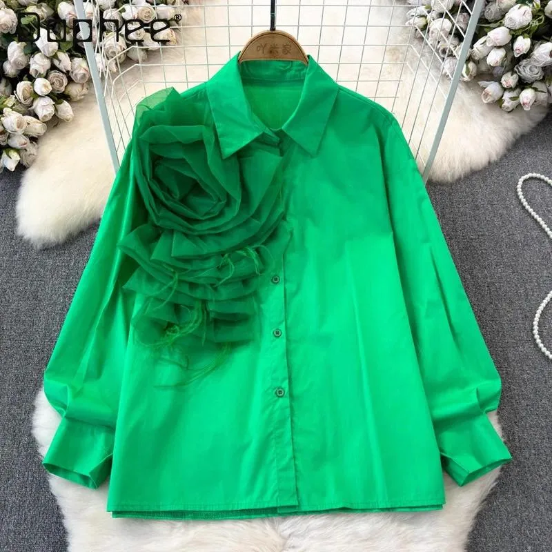 Chemisiers pour femmes tempérament chemise à fleurs en trois dimensions pour femme Socialite mode ample à manches longues col polo à simple boutonnage vert