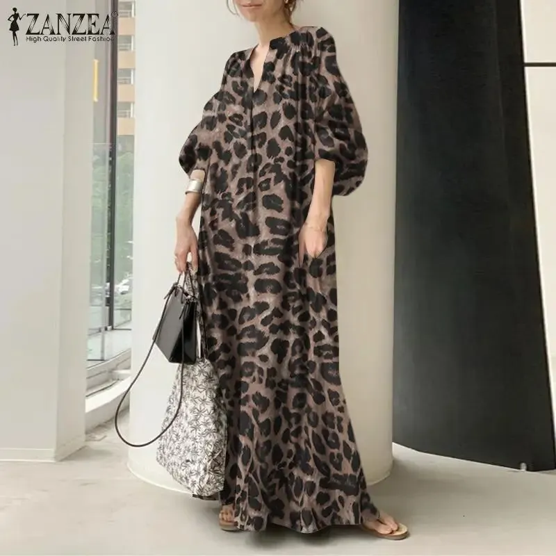 Fashion Printed Maxi Dress Leopard Sundress 2023 ZANZEA Spring Puff Sleeve Long Vestidos Female V Neck Robe Oversize 240312
