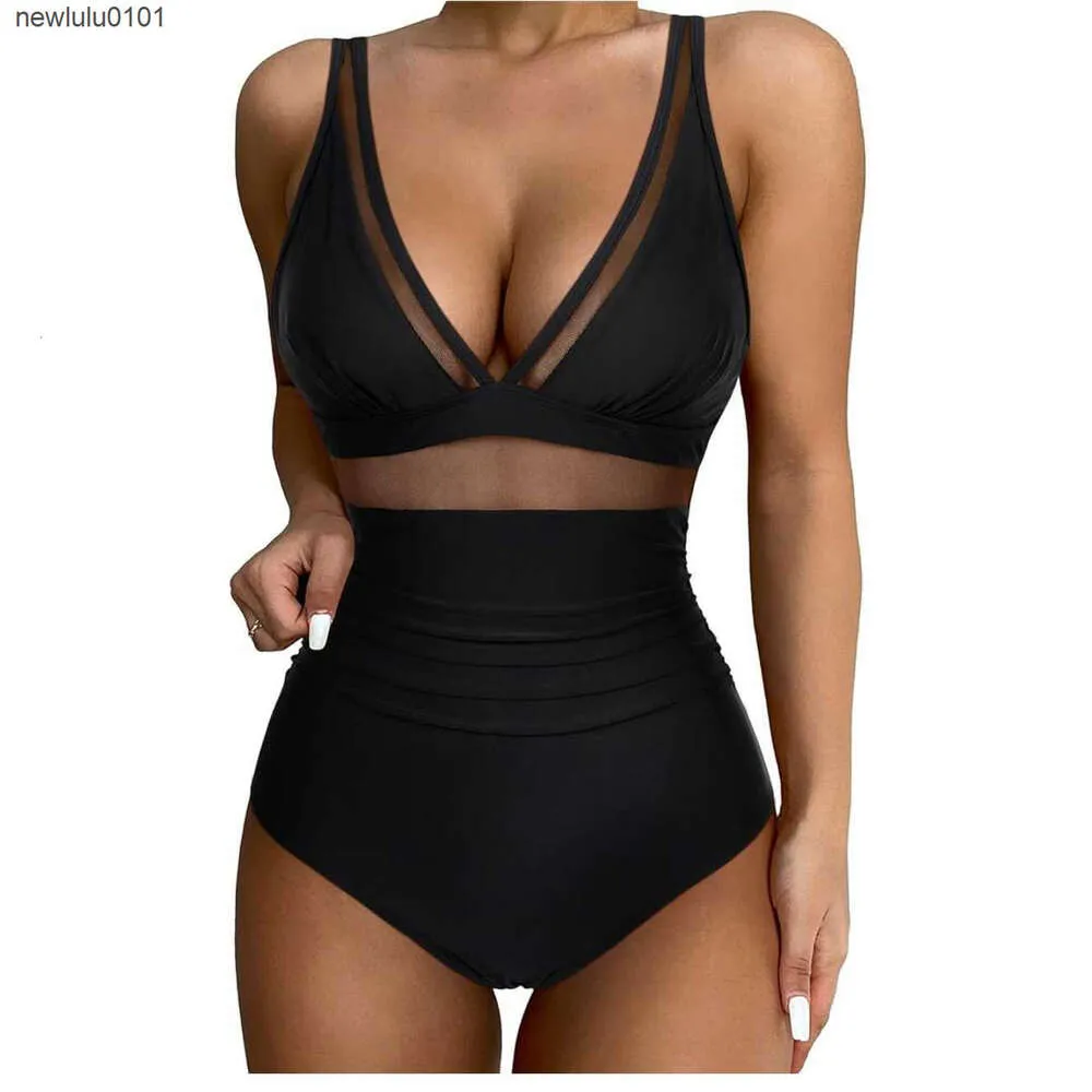 Maillot de bain une pièce pour femmes, avec maille creuse sexy et bikini transparent de couleur unie