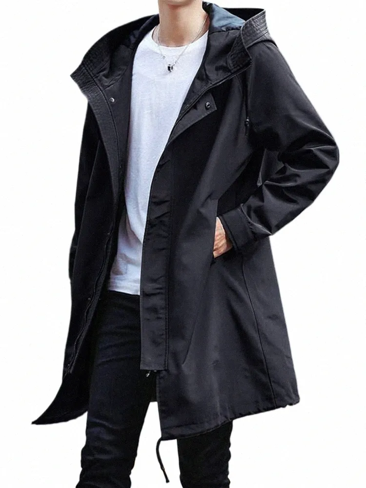 Printemps automne Lg Trench Coat hommes Fi coupe-vent à capuche noir pardessus vestes décontractée b47H #