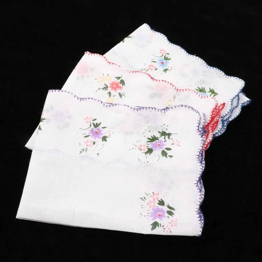 3 Pack Flower Embroidered Handkerchief Women Cotton Square Pocket Hanky Girls Cute Wavy Edge Kerchiefs Hankie