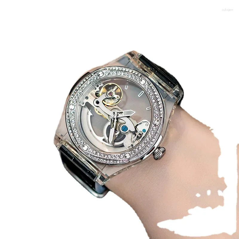 Relógios de pulso luxo completo diamante relógio feminino mecânico escavado transparente grande mostrador legal mulheres à prova d'água