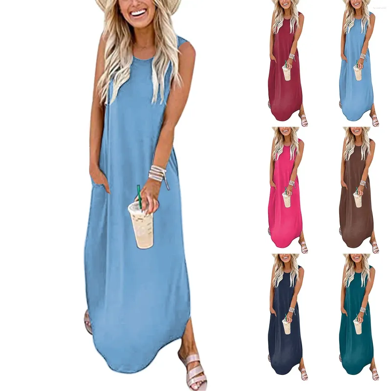 Casual jurken losse lange zonnejurk mouwloze split maxi-jurk zomerstrand met zakken effen recht voor dames vestidos