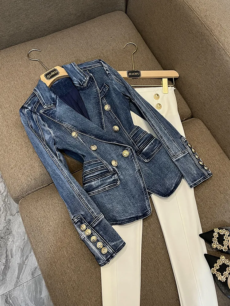 Spring Blue Solid Color Panelled Denim Blazers Long Sleeve Notched-Lapel Buttons Double-Breasted Outwear Coats O4J271762