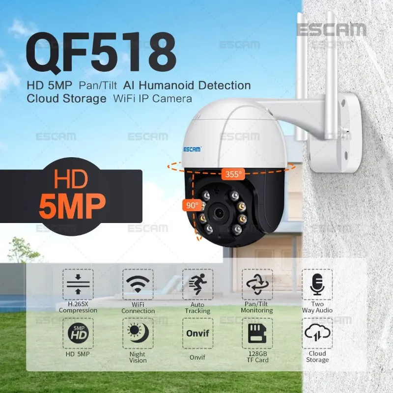 ESCAM QF518 5MP Pan/Tilt AI Обнаружение гуманоидов Автоматическое отслеживание Облачное хранилище Wi-Fi IP-камера с двусторонней аудиосвязью и ночным видением