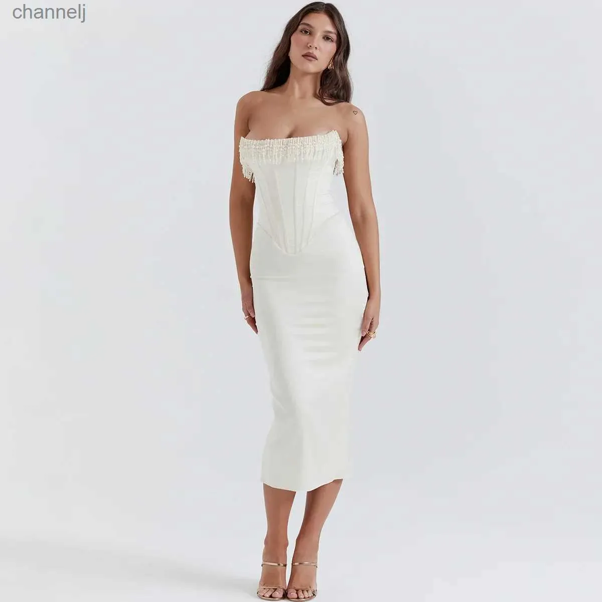 パーティードレス White Beaded Strapless Midi Dress DHgate.com:Strapless Pearl Beaded Corset Midi Dress for