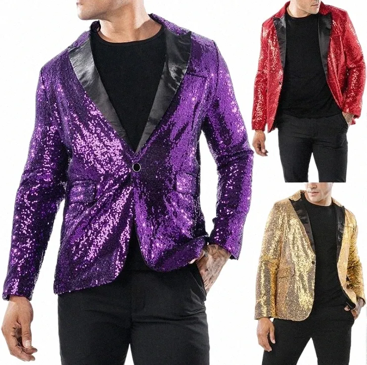 2020 Shiny Gold Sequin Glitter Blazer Jacket Men Nightclub Prom One Butt Suit Blazer Men DJ Stage Singer Blazers Costume Homme E3CZ#