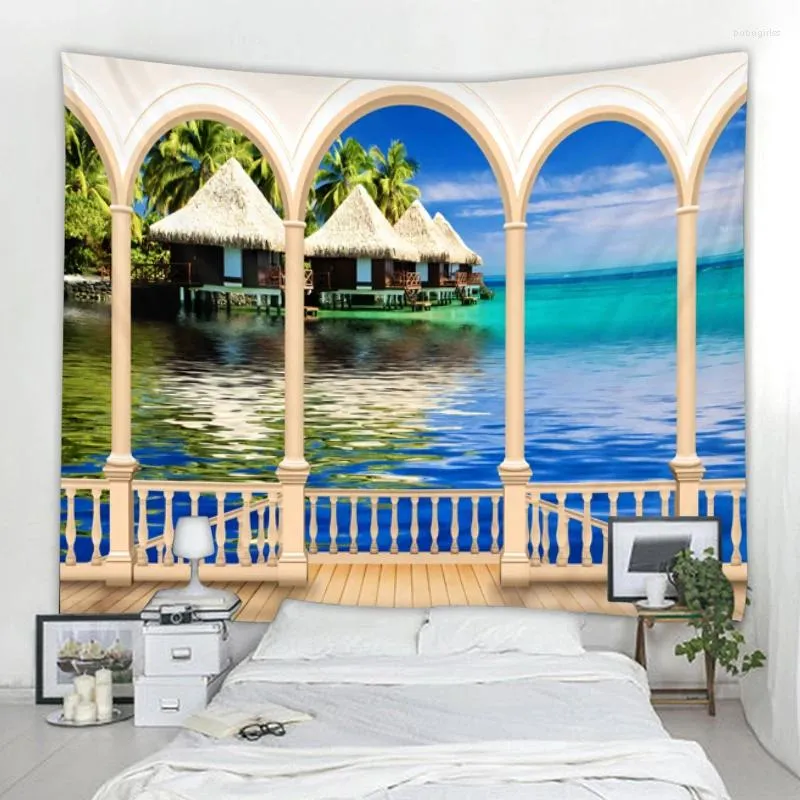 Tapestries 3D Nordic Window Sea View Decoration Tapestry Art Deco Blanket Curtain Hanging At Home Bedroom Living Room