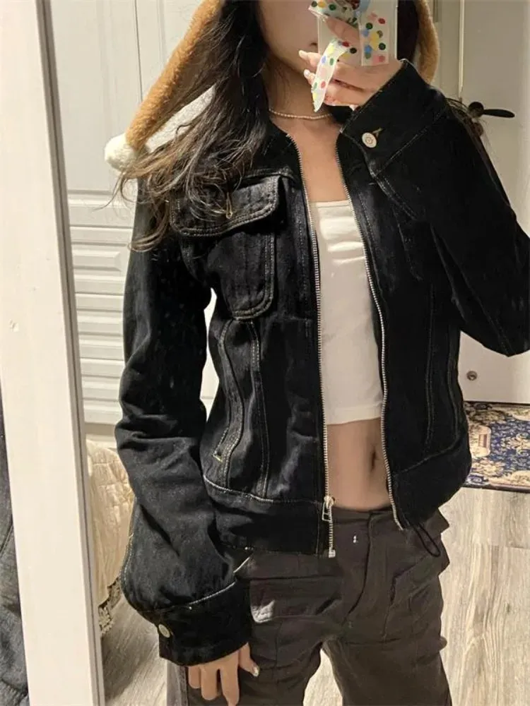 2024 Zipper Jeans Solid Coats Streetwear Fashion All Match Ins Chaquetas Mujer Women Turn Down Collar Punk Vintage Denim Jackets 240320