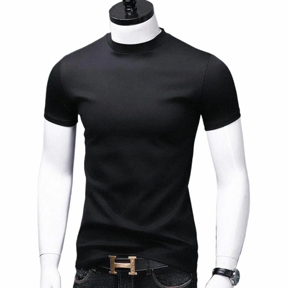 Männer Casual Rollkragen T-Shirts Kurzarm Solide Slim Fit Seide High Neck Tops Innen Tragen Trendy Rundhals Basis Schicht hemd u44g #