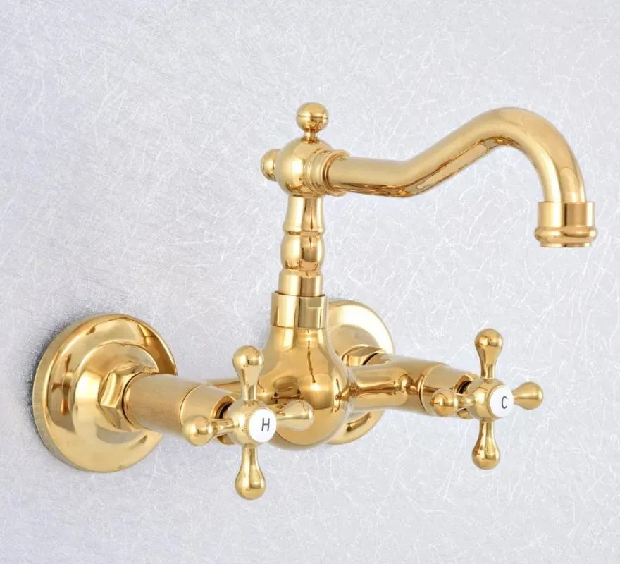 Bathroom Sink Faucets Gold Color Brass 360 Swivel Spout Basin Faucet Dual Handle Hole Kitchen Cold Water Mixer Tap Dsf617