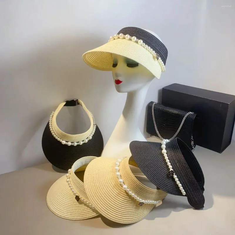 Chapeaux à larges bords Designer Little Fragrance Strass Perle Pliant Vide Top Hat Plage Protection UV Paille Sport Shade Femme Été