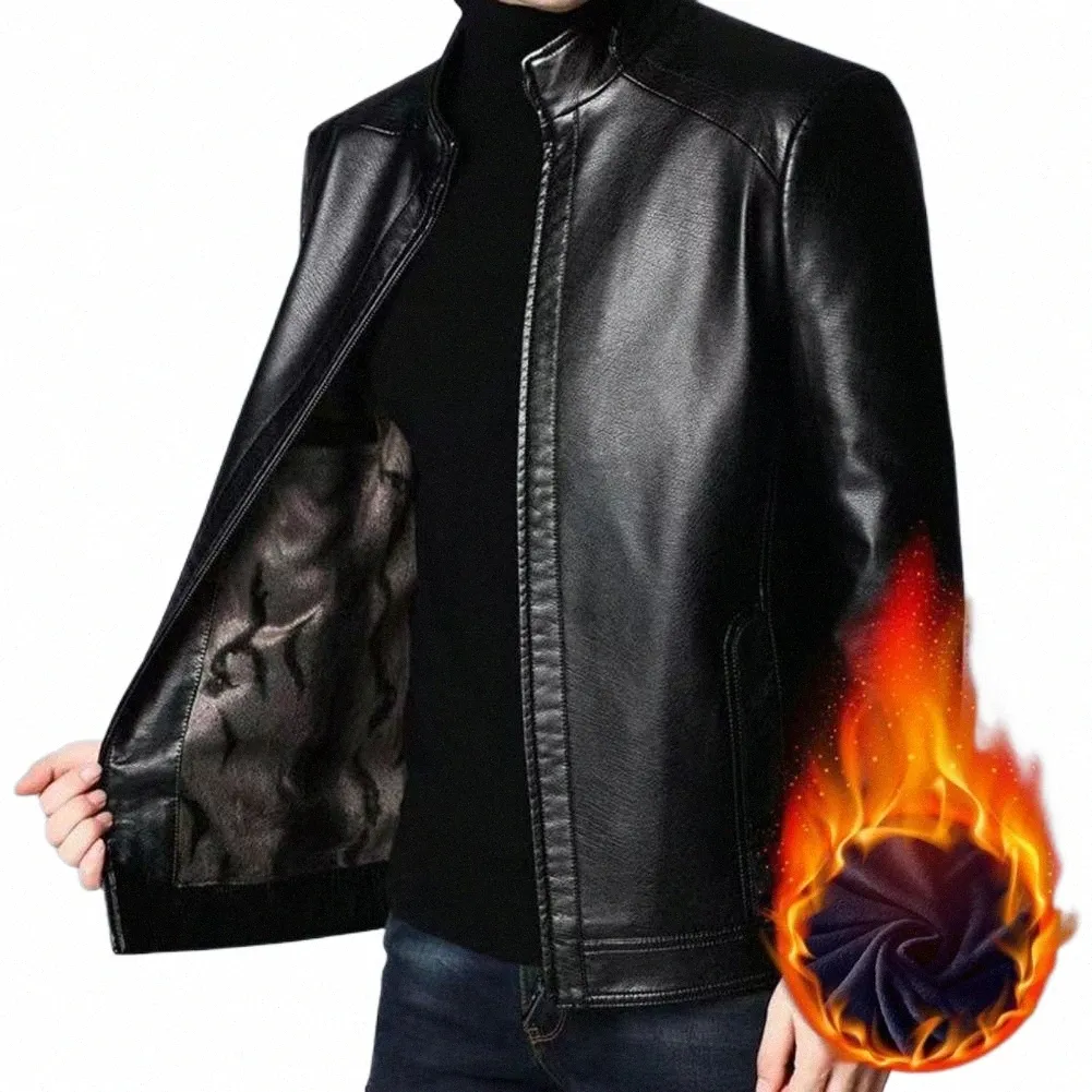 mężczyźni faux skórzany płaszcz w średnim wieku męska męska faux skórzana kurtka z pluszową gorącą retentą stojak motocyklowy H6ra#