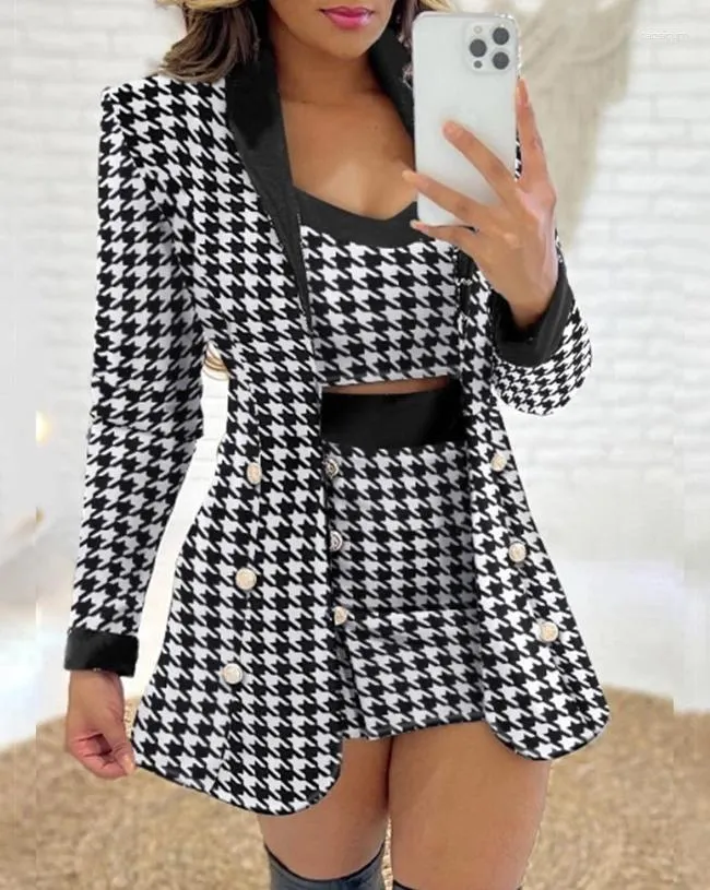 Work Dresses Fashion 3 Piece Set Women 2024 Houndstooth Print Long Sleeve Shawl Collar Elegant Blazer Coat & Skirt With Crop Top