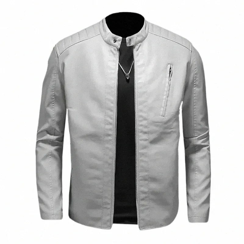 Veste en cuir de moto pour hommes occasionnels col montant solide vestes blanches tendance coupe-vent manteau streetwear faux cuir vêtements d'extérieur m6pI #