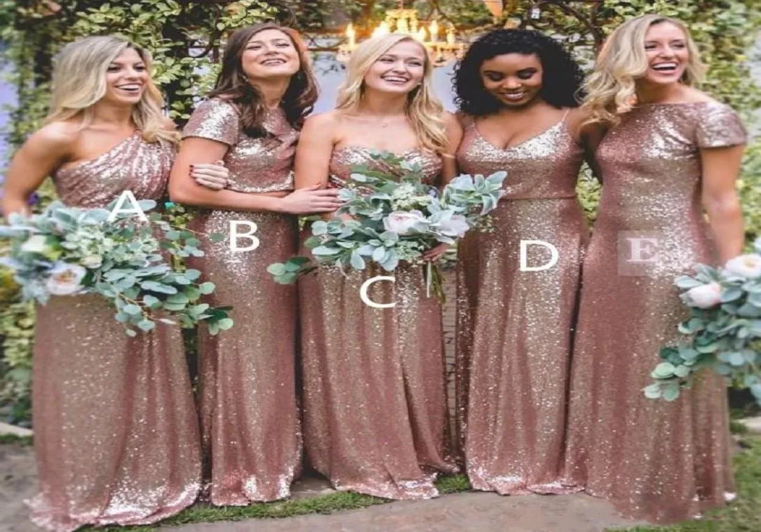 Brautjungfernkleider Einfache Designs Bling Roségold Paillettenkleid Lang Sexy Bodenlang Boho Plus Size Maßgeschneidert8503645