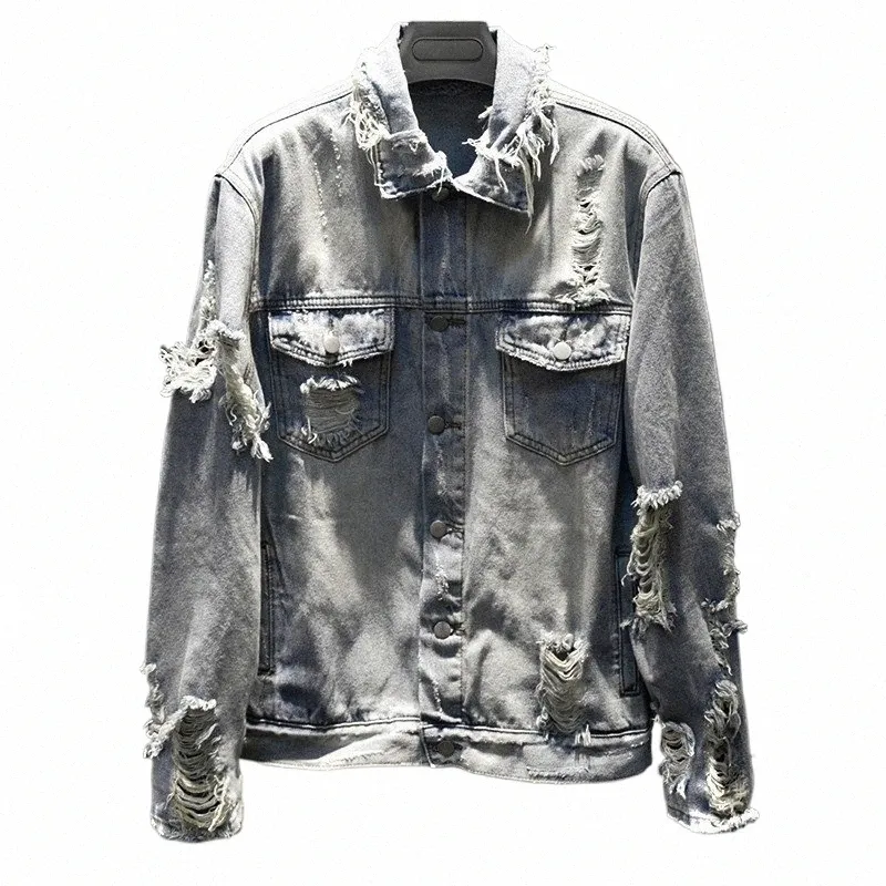 Style harajuku déchiré trou lâche hommes manteaux en denim Fi Vintage simple boutonnage effiloché Cowboy veste mer vêtements d'extérieur décontractés u8ZN #