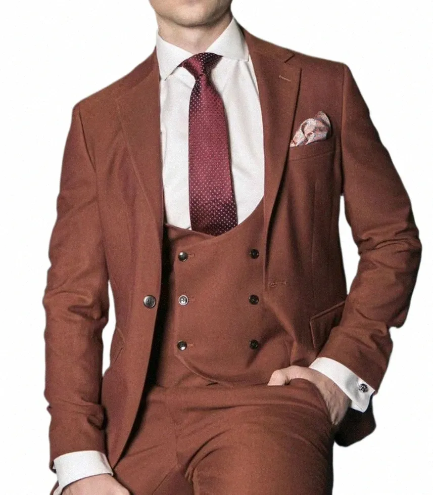 Costume de mariage pour hommes Brown One Butt Blazer Ensembles Slim Fit Personnalisé Plus Taille Élégant Dr Tuxedo Mâle 3 Pièces Veste + Pantalon + Gilet v0FQ #