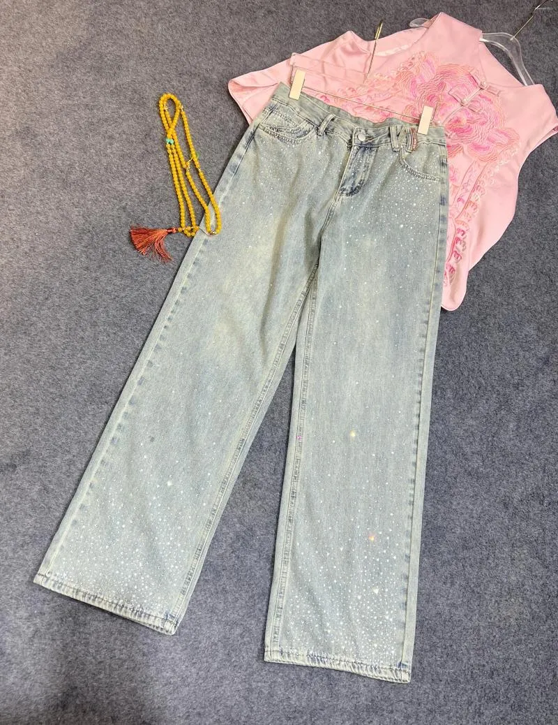 Kvinnors jeans babysbreath borrning kvinnor denim byxor 2024 vår sommar all-match bred ben raka byxor diamanter tvätt