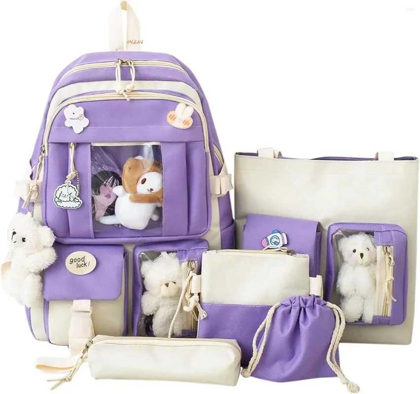 Kawaii Cute Backpack Combo Set (5Pcs) – Preppy Anime School Bag Kit With Bear Pendant, Purple & More Colors - View #10