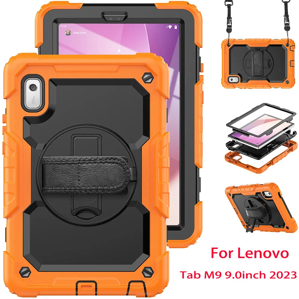 Custodia con cavalletto girevole a 360° con cinturino da polso per Lenovo Tab M9 K9 9,0 pollici TB310 Armatura ibrida Robusta custodia antiurto per bambini + Porta penna S + Pellicola in PET + Cinturino a spalla