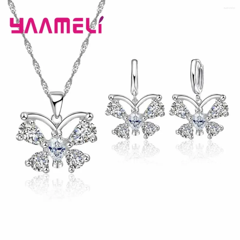 Halskette-Ohrringe-Set, trendiger Schmetterling aus 925er Sterlingsilber mit klarem CZ-Tropfenanhänger, Damenschmuck