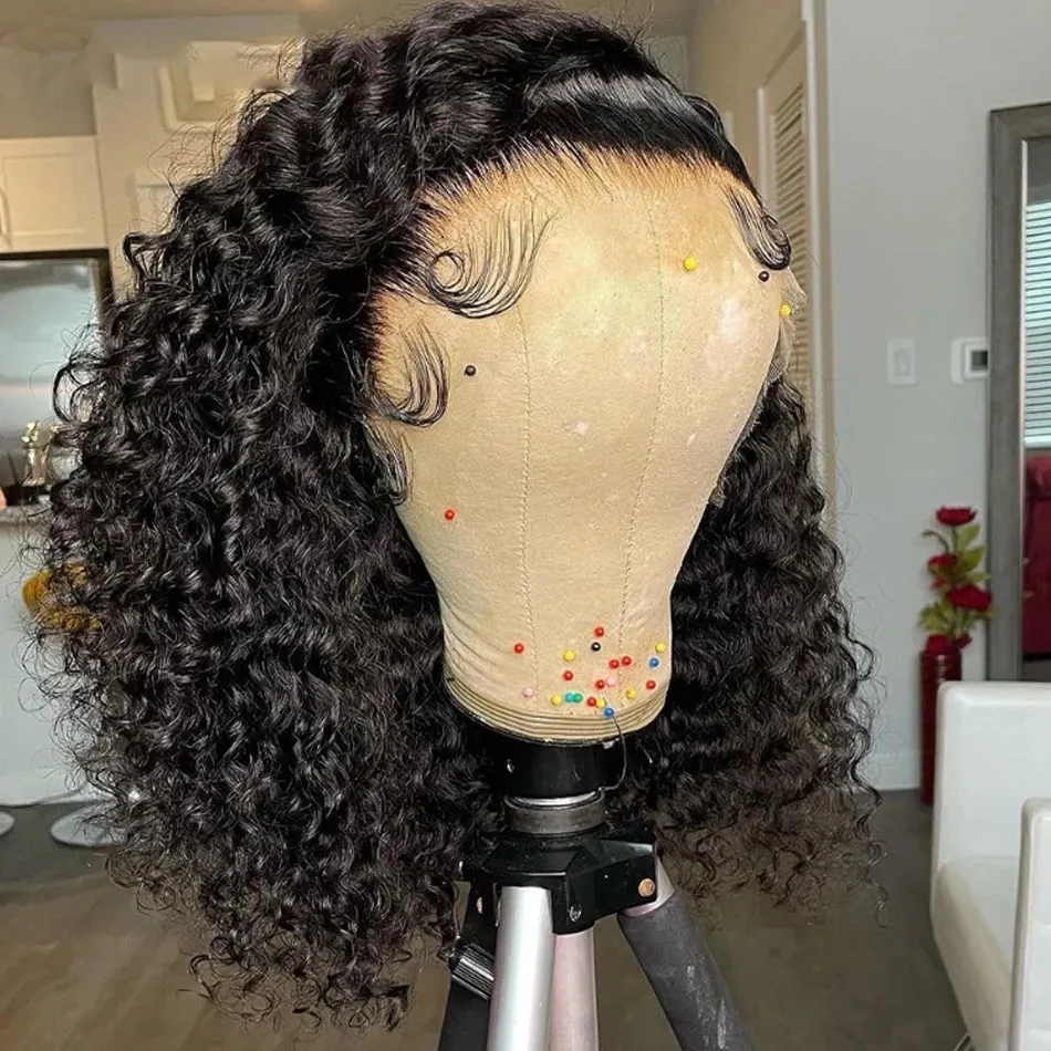 Human Hair Short Curly Bob Wig 13x4 Transparent Swiss Lace  display picture 3