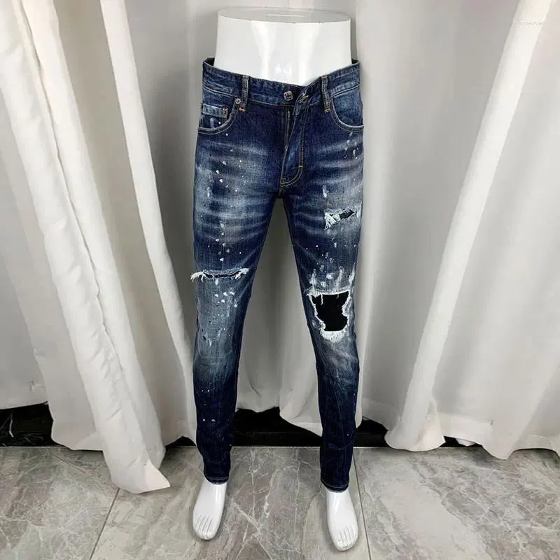 Jeans pour hommes High Street Mode Hommes Rétro Bleu Stretch Slim Fit Ripped Cuir Pacthed Designer Hip Hop Marque Pantalon Hombre